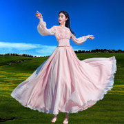 甜美温柔波西米亚粉色长袖很仙的收腰雪纺大摆连衣裙度假长裙