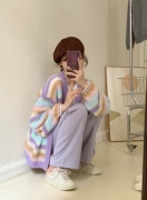 薄款气质彩虹色条纹，毛衣2023韩版甜美宽松显瘦长袖针织衫上衣