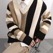 MC639-P55条纹V领针织衫男士秋冬季韩版宽松撞色套头长袖拼色毛衣