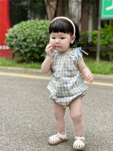 INS夏季童装婴幼儿拼色格子小背心+包屁裤森系套装女宝甜美外出服