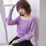 紫色毛衣女(毛衣女)冬加厚外穿香芋，紫套头洋气时，尚方领灯笼袖套头针织上衣
