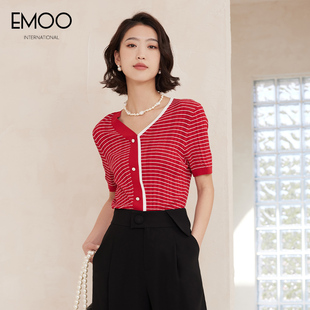 杨门红白条纹V领冰丝针织开衫短袖女夏季设计感小众薄款短款上衣
