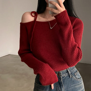 韩国chic秋冬斜领系带露肩设计短款套头毛衣女修身显瘦长袖针织衫