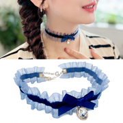 韩版蓝色荷叶边蕾丝蝴蝶结项圈，颈带女个性短款锁骨，链遮疤痕项链