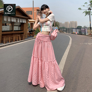 春夏季粉色格纹蓬蓬长裙宽松显瘦设计感格子撞色中长款高腰半身裙