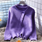 紫色短款毛衣外套女宽松秋冬韩版洋气女士外搭长袖针织衫开衫