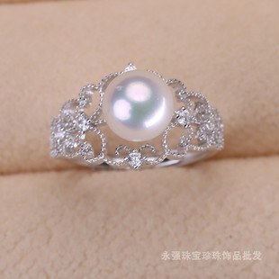 s925纯银戒指环 开口可调节蕾丝珍珠戒指托 DIY珍珠银配件