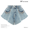 欧美风荷叶边下摆阔腿牛仔短裤热裤假裙裤女Ruffled denim shorts