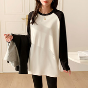 黑白撞色中长款宽松长袖，t恤女春秋冬设计小众叠穿内搭打底衫