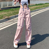 粉色美式工装牛仔裤女2023夏季设计感小众宽松直筒阔腿休闲裤