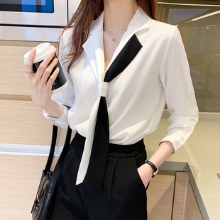 雪纺白色衬衫女设计感小众西装v领衬衣黑白撞色气质职业洋气上衣