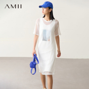 amii2024夏网纱印花白色连衣裙女背心，裙时尚透视裙子两件套