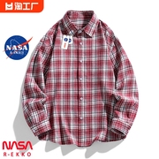 NASA联名美式红色格子衬衫男春季潮牌宽松长袖衬衣休闲情侣装外套
