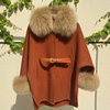 女童真狐狸毛领羊毛大衣2-8岁儿童纯手工缝制100羊毛斗篷外套披肩