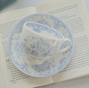 釉下彩欧洲订单陶瓷复古淡蓝色英伦复古风乡村蓝玫瑰凤凰咖啡杯碟