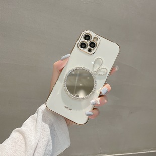 水钻兔耳朵补妆镜子iphone15pro适用14pro手机壳，13promax超薄软硅胶12个性创意11苹果xsxr保护套plus女