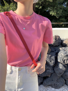 自制树莓粉色正肩短袖T恤女夏韩版甜美学生小个子梅子色短款上衣