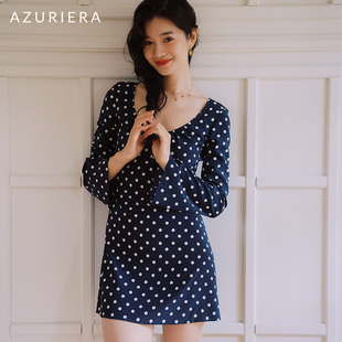 azuriera法式复古波点深蓝色长袖，连衣裙弹力真丝双绉深u领优雅