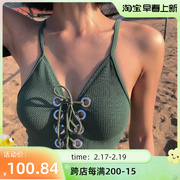 世可儿复古绿色韩国ins小胸保守绑带，高腰遮肚夏天显瘦连体泳衣女