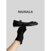 niunala2024年早春圆头字母，松紧带芭蕾舞鞋女浅口蝴蝶结羊皮单鞋