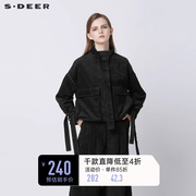 sdeer圣迪奥女装春装，复古立领绑带灯芯绒短款外套女s21362226