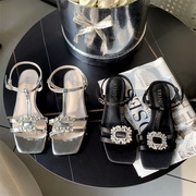 平跟水钻法式高级黑色凉鞋女鞋子2024年夏季银色法式罗马鞋