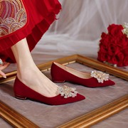 秀禾婚纱两穿鞋低跟结婚鞋女2023年平底粗跟红色，鞋新娘鞋孕妇