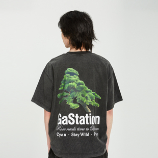 Gastation青松短袖T恤康丽数码印花300g重磅复古做旧炒雪花美式