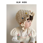 手工针织荷叶边婴儿毛线帽子婴幼儿秋冬季保暖女童宝宝护耳套头帽