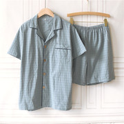 日系男士简约格子棉布睡衣夏季短袖，短裤翻领纯棉薄款家居服套装薄