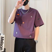 男士紫色t恤男潮牌短袖，2024男装上衣，半截袖刺绣夏季潮流半袖t