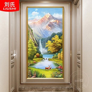 高山流水聚宝盆小鹿手绘油画欧式玄关装饰画客厅竖版山水风景挂画