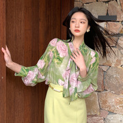THCP 含那 法式优雅系带衬衣女23春油画质感印花蝴蝶结衬衣