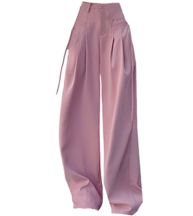 地球店粉红色宽松阔腿休闲裤，女秋季垂感高腰西装长裤子小个子