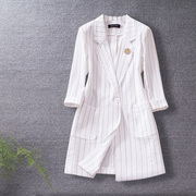 2023春季韩版修身七分袖条纹西服上衣潮chic西装外套女中长款