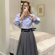 韩国chic春季气质翻领垫肩，长袖条纹衬衫+双皮带，百褶半身裙套装女