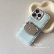 韩国ins奶蓝色金属小熊支架，适用iphone14promax苹果13手机壳，1112pro硅胶xs女全包软壳