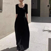 韩国2023春夏季赫本风小黑裙高级感黑色拖地连衣裙超长款长裙