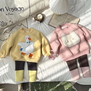 女童冬款韩版卡通加绒套装，2023秋冬宝宝，卫衣打底裤加厚两件套