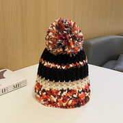 毛线帽子女秋冬户外百搭保暖护耳套，头帽彩色拼接球球针织冷帽