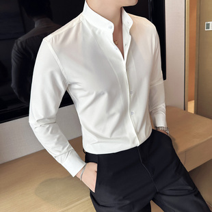 新中式垂感弹力男士衬衫立领长袖，商务休闲青年寸衫韩版潮流衬衣男