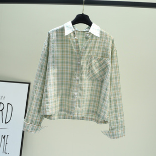 浅绿色单口袋(单口袋，)格子短款长袖棉布，衬衫女秋季韩版小清新上衣外套