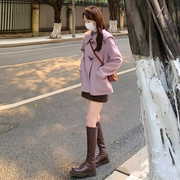韩系紫色牛角扣短款毛呢，外套女秋冬小个子娃娃领减龄，设计感大衣