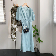 森系田园风v领短袖纯色，宽松连衣裙显瘦中长裙，时尚休闲洋气h$8