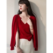 羊毛衫两件套女 春秋大红色针织衫短款外套开衫