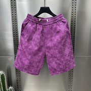 夏季潮流复古满印休闲短裤网红时尚磨毛格子沙滩裤设计感五分裤