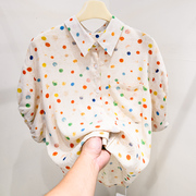 彩色圆点短款衬衣收口灯笼袖衬衫2024女款夏季小个子短袖上衣