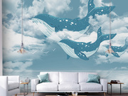 北欧创意地中海墙纸海洋，天空鲸鱼儿童房卧室，客厅电视背景墙布壁画