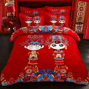 雪晶灵全棉卡通婚庆四件套，1.8m床大红床上用品磨毛结婚被套床单