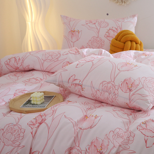 2024粉色纯棉床单单件，100全棉加密斜纹被单，被套枕套大花文艺